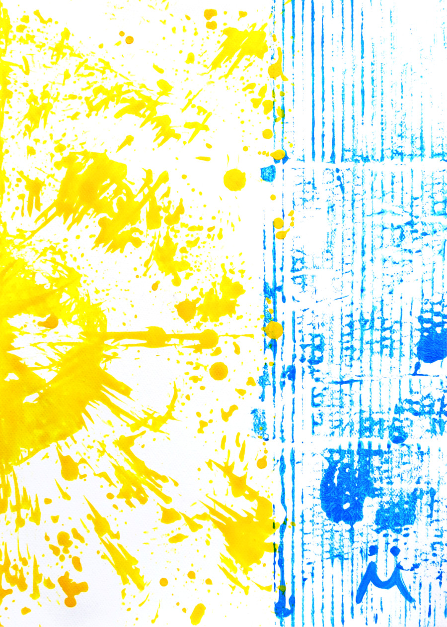 Yellow Splash and Blue Lines Modern Acrylic Painting