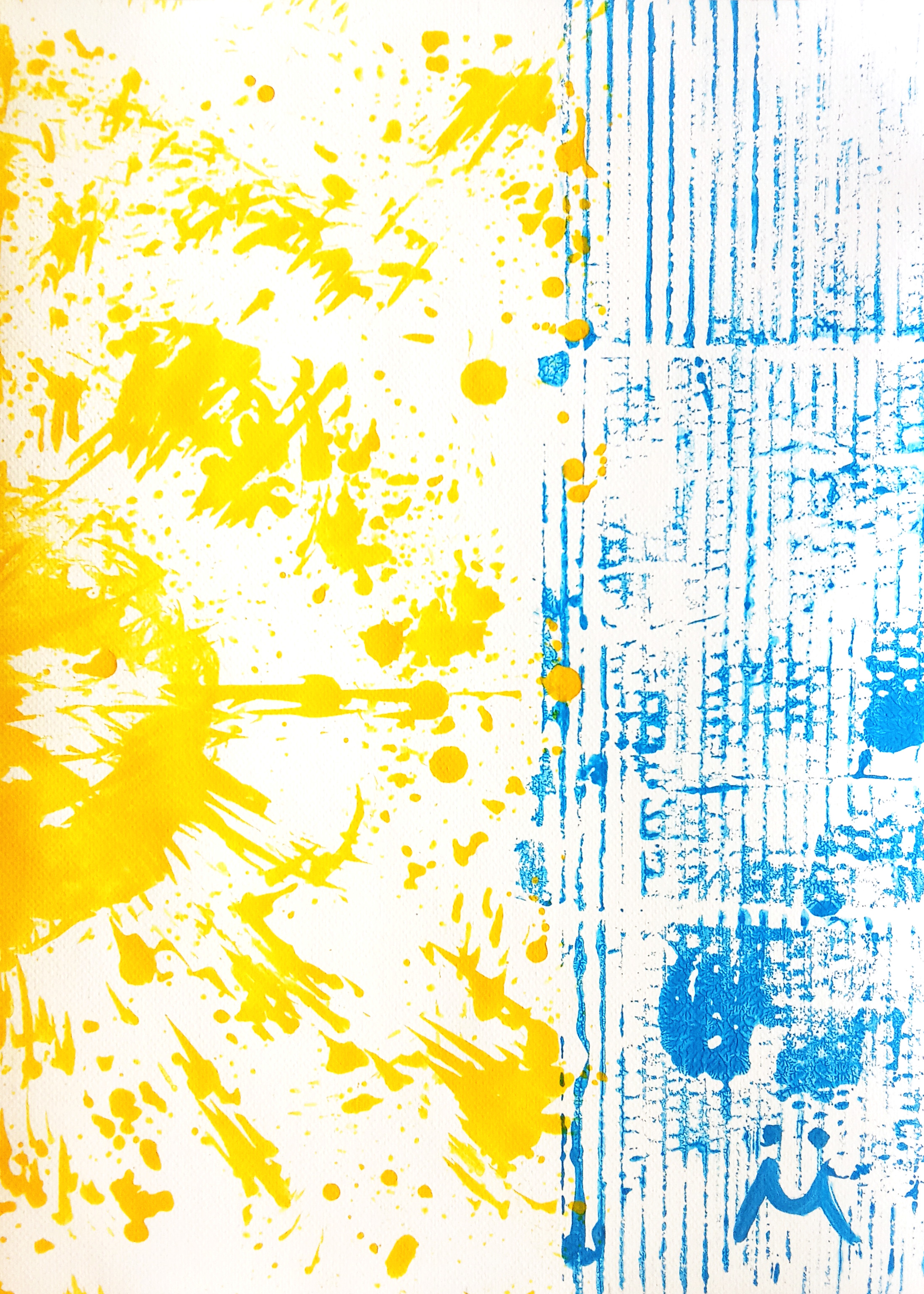 Yellow Splash and Blue Lines Modern Acrylic Painting